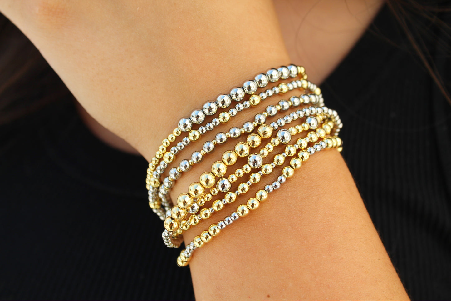 Two Tone Beaded Bracelet - 4mm Gold & 3mm Silver