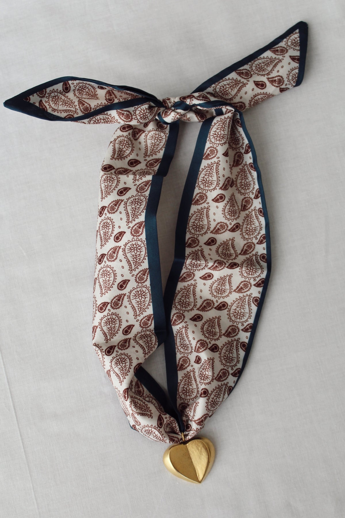 Heritage Heart cream and brown paisley scarf necklace with gold heart pendant