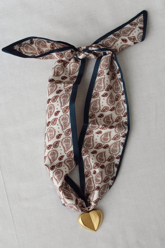Heritage Heart cream and brown paisley scarf necklace with gold heart pendant