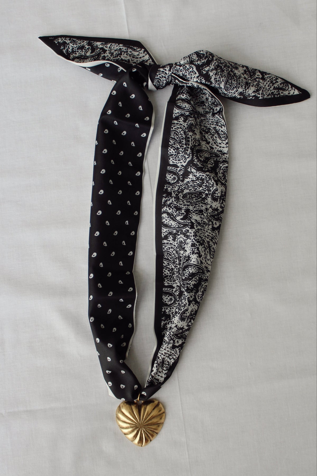 Black Tie Heart black and white paisley scarf necklace with gold heart pendant