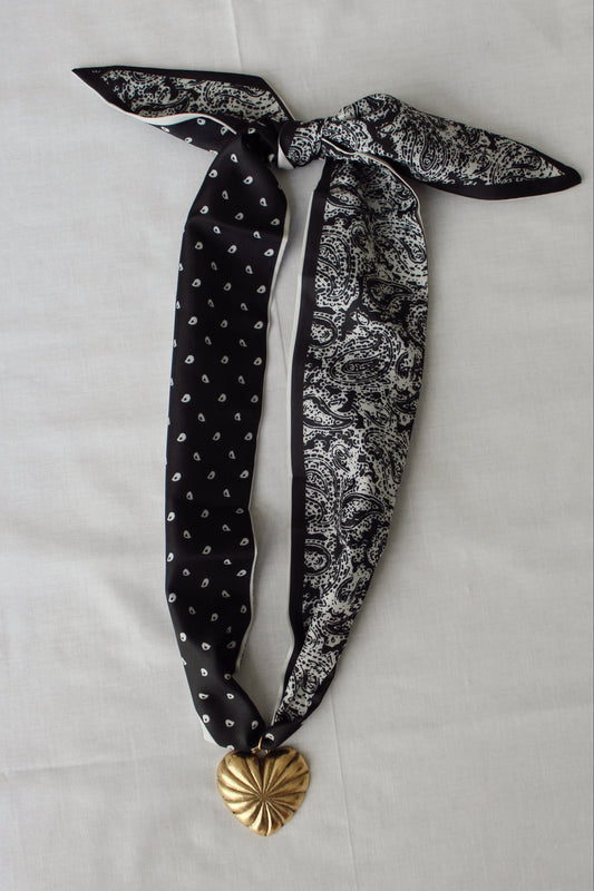 Black Tie Heart black and white paisley scarf necklace with gold heart pendant