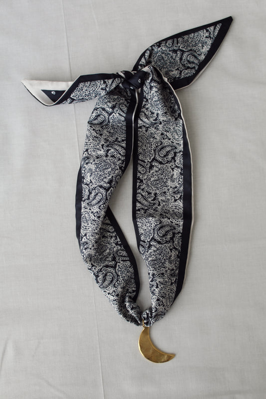 After Dark navy and white paisley scarf necklace with gold crescent moon pendant