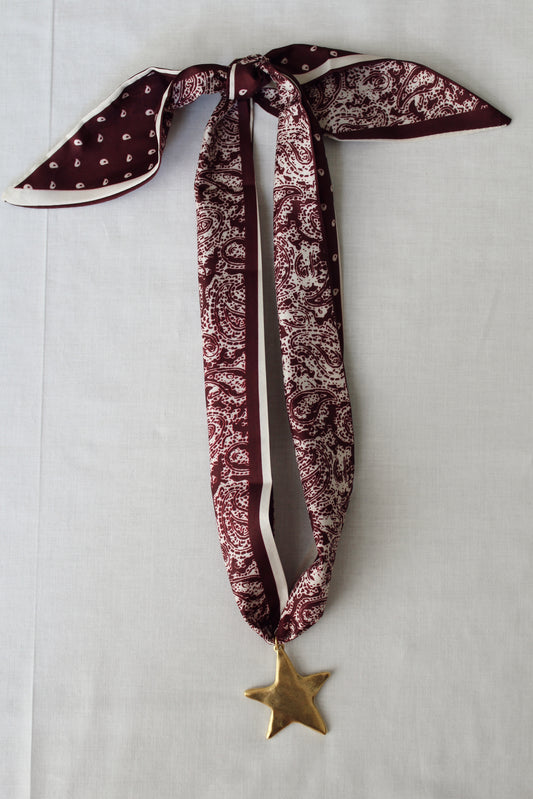 Crimson Star burgundy paisley scarf necklace with oversized gold star pendant