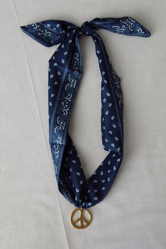 Midnight Peace navy paisley scarf necklace with gold peace sign pendant