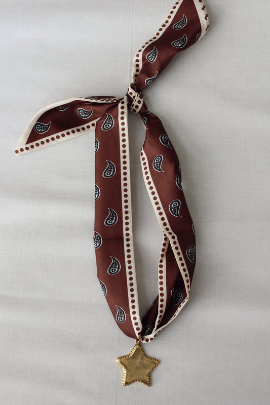 Espresso Star chocolate brown ivory and black scarf necklace with gold star pendant