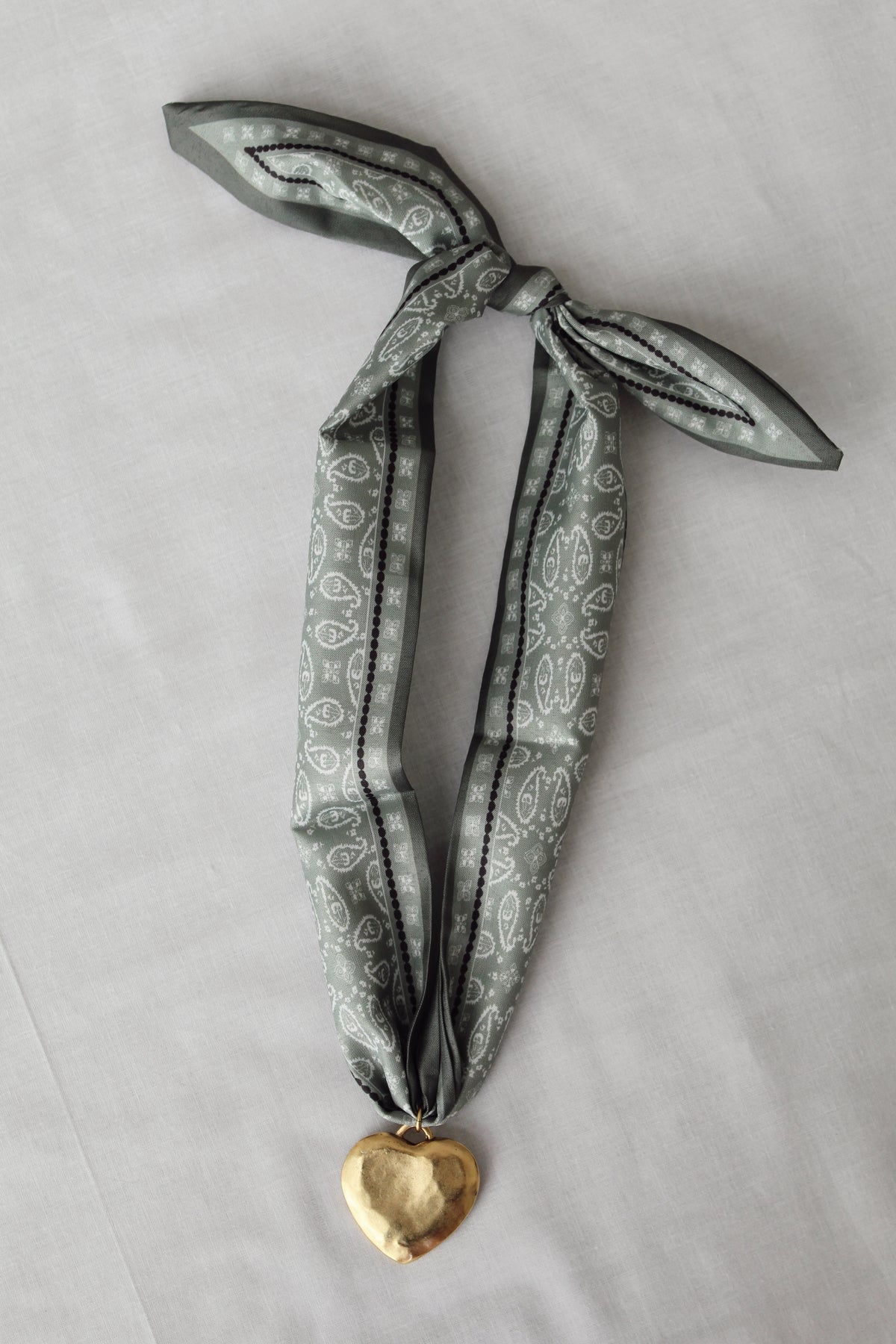 Evergreen Heart sage green paisley scarf necklace with gold heart pendant