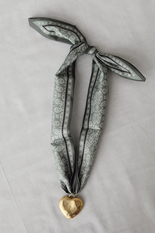 Evergreen Heart sage green paisley scarf necklace with gold heart pendant