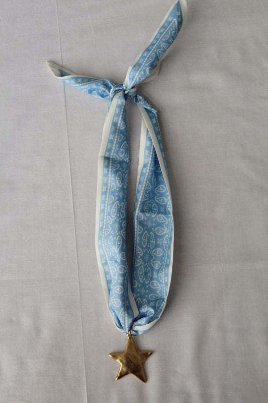 Blue Skies light blue paisley scarf necklace with gold star pendant
